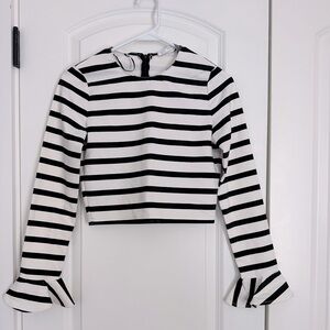 Zara Women’s Black and White Striped Cropped Ruffle Longsleeve Size XS